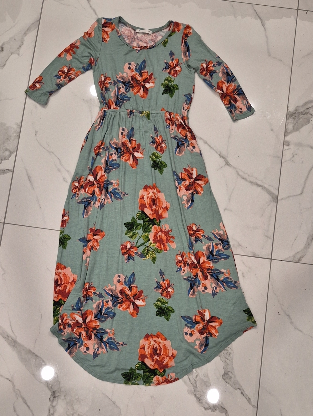 Sage Green Floral Midi Dress with Coral Blooms